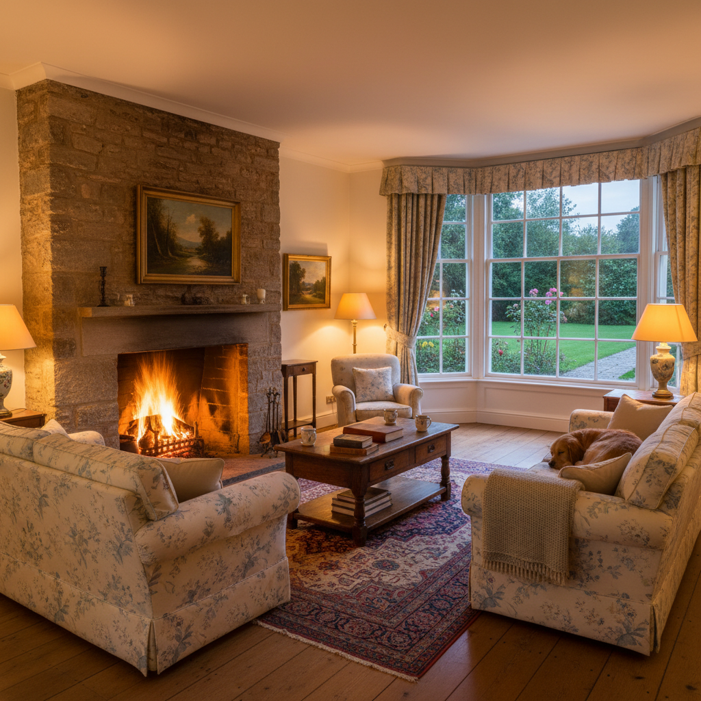 Cozy British country living room interior with a stone fireplace and floral sofas